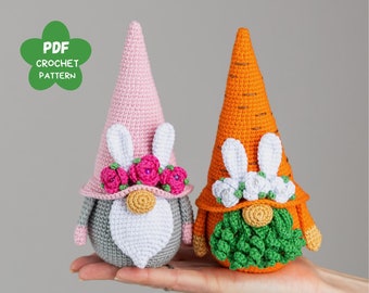 Crochet patterns Easter bunny gnomes with crochet flowers, Easter crochet carrot gnome amigurumi pattern, Crochet Easter gnomes patterns