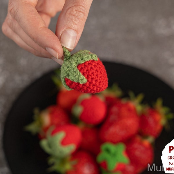 Crochet strawberry pattern for play kitchen, Amigurumi food pattern for kids pretend play, Crochet food pattern for imaginative play