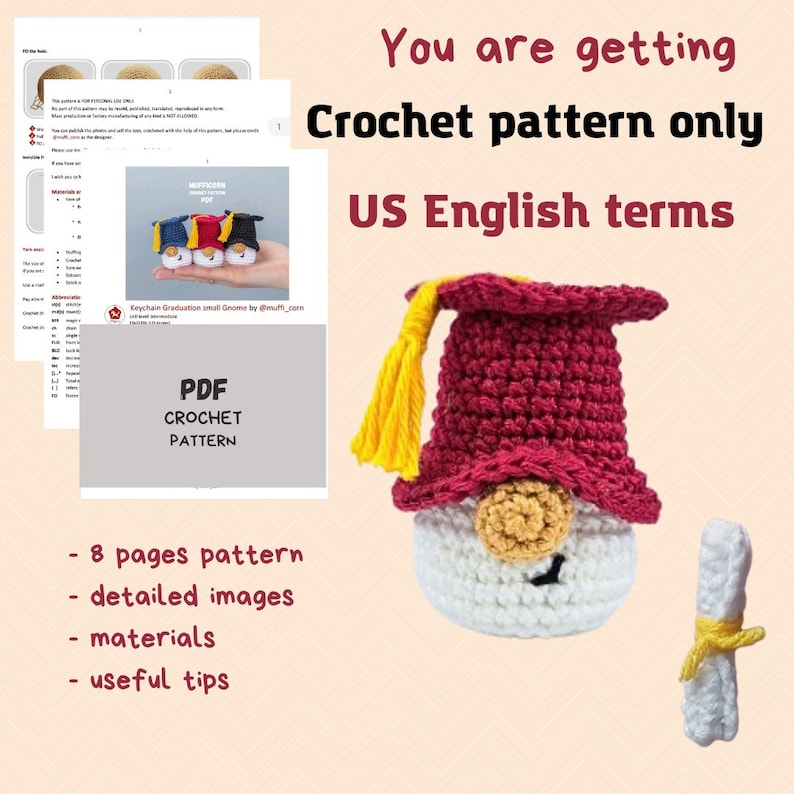 Crochet patterns Mini Graduation gnome keychains, Crochet keychain pattern, Graduation gifts crochet gnome keychain pattern, Crochet gift image 2