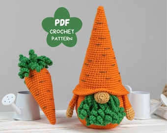 Crochet patterns gnome and carrot, Crochet Easter gnome patterns, Crochet gnome amigurumi pattern, Crochet food pattern, Gardener gift