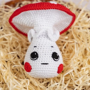 May include: A crocheted mushroom toy with a white body, red cap, and a cute embroidered face. The mushroom is sitting in a basket of shredded paper.