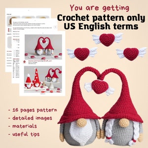 May include: Crochet pattern for two gnomes holding a heart. The gnomes are wearing red hats and have white beards. The pattern includes 16 pages, detailed images, materials, and useful tips.  Gnomes with hearts by @muff.com