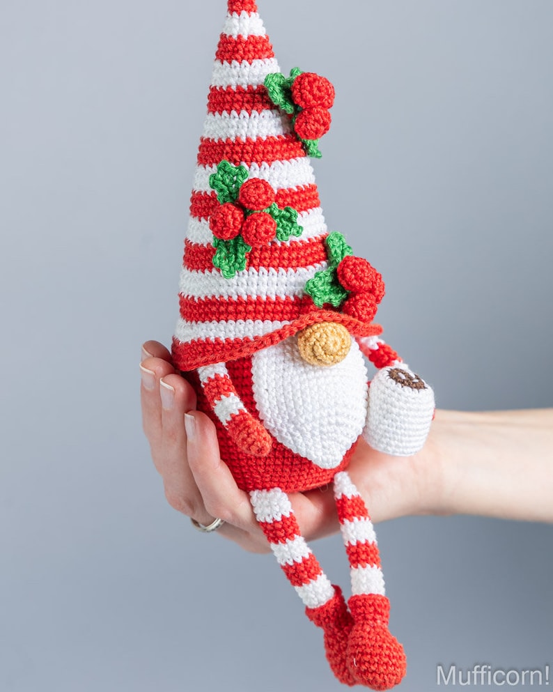 Crochet patterns Christmas gnome with candy cane, Christmas amigurumi gnome pattern, Crochet ornaments, Christmas crochet gnome pattern image 8