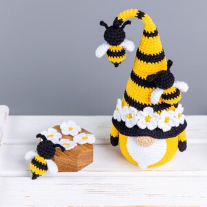 Crochet patterns bundle Gnome with Bee and pot of honey, Crochet bee pattern, Gnome amigurumi pattern, Crochet gnome with crochet flowers image 9