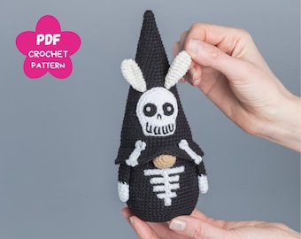 Easter crochet patterns Gnome skeleton, Crochet bunny Gnome with skull crochet pattern, Crochet Halloween amigurumi gnome decor