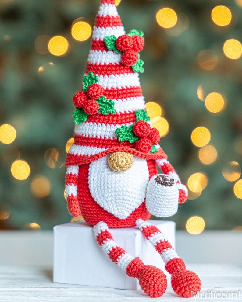 Crochet patterns Christmas gnome with candy cane, Christmas amigurumi gnome pattern, Crochet ornaments, Christmas crochet gnome pattern image 3