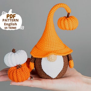 Crochet patterns amigurumi gnome with pumpkin, Crochet gnome and crochet pumpkin pattern, Halloween crochet pattern, Crochet Halloween decor image 1