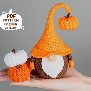 Crochet patterns amigurumi gnome with pumpkin, Crochet gnome and crochet pumpkin pattern, Halloween crochet pattern, Crochet Halloween decor image 1