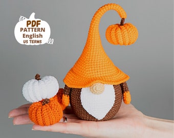 Patrones de crochet amigurumi gnomo con calabaza, Patrón de gnomo y calabaza de crochet, Patrón de crochet de Halloween, Decoración de Halloween de crochet