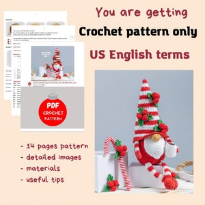 Crochet patterns Christmas gnome with candy cane, Christmas amigurumi gnome pattern, Crochet ornaments, Christmas crochet gnome pattern image 2