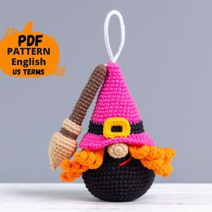 Halloween crochet keychain pattern: Crochet witch gnome and witch broom, Halloween gnome crochet pattern, Crochet Halloween decor pattern