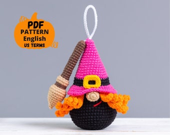 Halloween crochet keychain pattern: Crochet witch gnome and witch broom, Halloween gnome crochet pattern, Crochet Halloween decor pattern