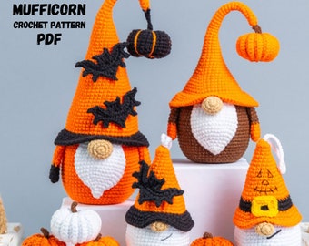 Lot de motifs d'Halloween au crochet : Gnomes d'Halloween au crochet avec [umpkim et chauve-souris, porte-clés au crochet avec chauve-souris, gnome au crochet avec citrouille