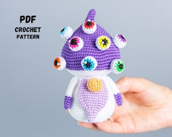 Halloween crochet patterns monster gnome mushroom, Halloween Gnome with eyes crochet pattern, Crochet Halloween party decorations