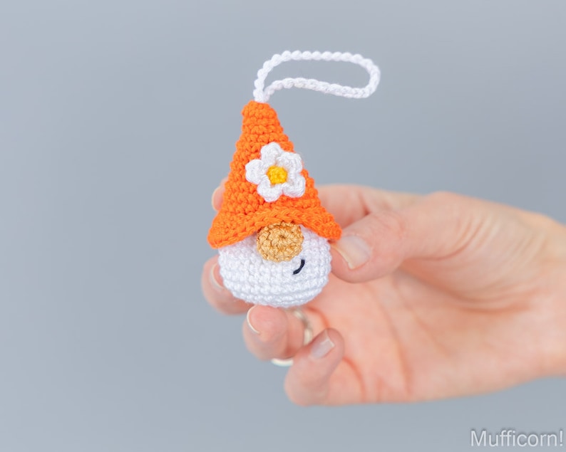 Crochet patterns amigurumi keychain gnome with crochet flower, Crochet keychain amigurumi pattern, Easter crochet pattern image 8