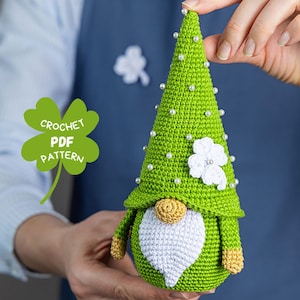 Crochet patterns Lucky gnome and four leaf clover pattern, Crochet gnome amigurumi pattern, St. Patrick&#39;s day crochet pattern, Crochet decor