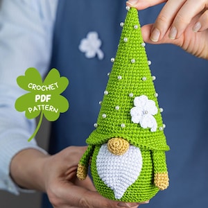 Crochet patterns Lucky gnome and four leaf clover pattern, Crochet gnome amigurumi pattern, St. Patrick's day crochet pattern, Crochet decor