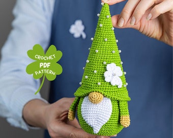 Crochet patterns Lucky gnome and four leaf clover pattern, Crochet gnome amigurumi pattern, St. Patrick's day crochet pattern, Crochet decor