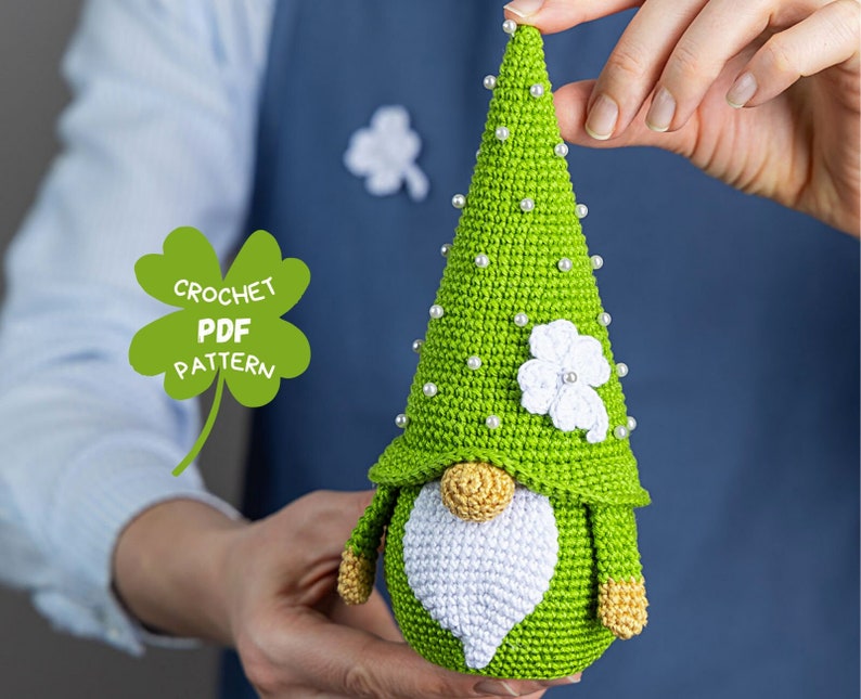 Crochet patterns Lucky gnome and four leaf clover pattern, Crochet gnome amigurumi pattern, St. Patrick's day crochet pattern, Crochet decor image 1