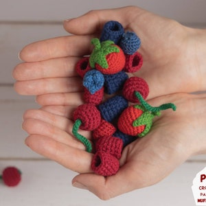 Crochet berries pattern: cherry, raspberry, blueberry, blackberry, strawberry, Amigurumi food pattern for pretend play, Crochet play food