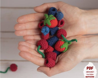 Crochet berries pattern: cherry, raspberry, blueberry, blackberry, strawberry, Amigurumi food pattern for pretend play, Crochet play food