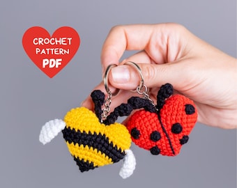 Crochet bee keychain pattern, Crochet patterns ladybug and bee keychain, Crochet heart pattern, Crochet heart keychain amigurumi pattern