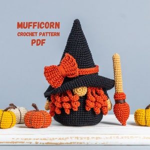 Halloween crochet patterns Gnome Witch with broom and crochet pumpkin, Crochet amigurumi pattern Halloween gnome, Halloween crochet decor