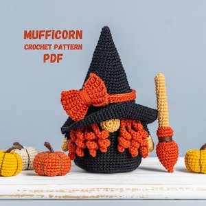 Halloween crochet patterns Gnome Witch with broom and crochet pumpkin, Crochet amigurumi pattern Halloween gnome, Halloween crochet decor