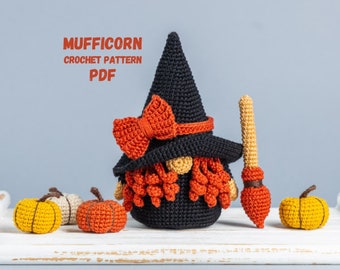 Halloween crochet patterns Gnome Witch with broom and crochet pumpkin, Crochet amigurumi pattern Halloween gnome, Halloween crochet decor