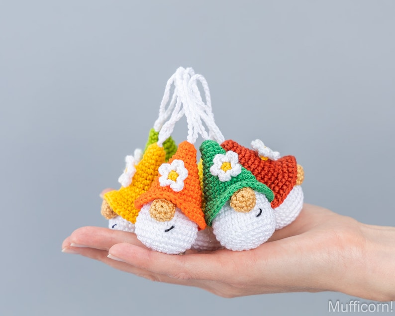Crochet patterns amigurumi keychain gnome with crochet flower, Crochet keychain amigurumi pattern, Easter crochet pattern image 5