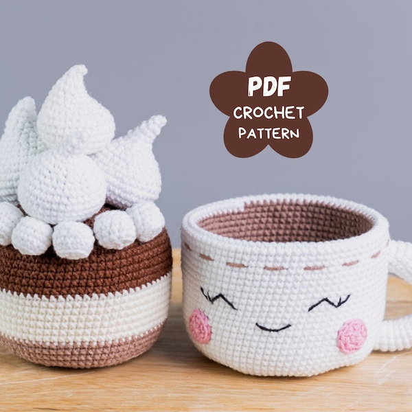 Gehaakt patroon mok warme chocolademelk, gehaakt speelvoedseldrankje, Kawaii amigurumi voedselpatroon, gehaakt voedselpatroon, gehaakt bekerpatroon