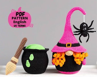 Halloween crochet gnome patterns: Witch gnome, witch broom and cauldron amigurumi pattern, Halloween gnome crochet pattern, Crochet pot