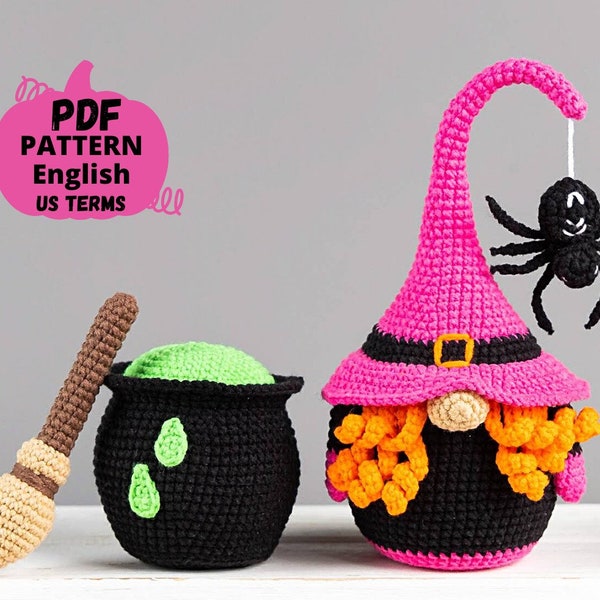 Modèles de gnome au crochet d'Halloween : Gnome de sorcière, modèle d'amigurumi de balai de sorcière et de chaudron, modèle de crochet de gnome d'Halloween, pot de crochet