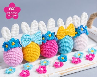 Patrons au crochet Oeuf de Pâques lapin, Modèle lapin amigurumi au crochet, Modèle lapin amigurumi de Pâques avec des fleurs au crochet et Décoration crochet