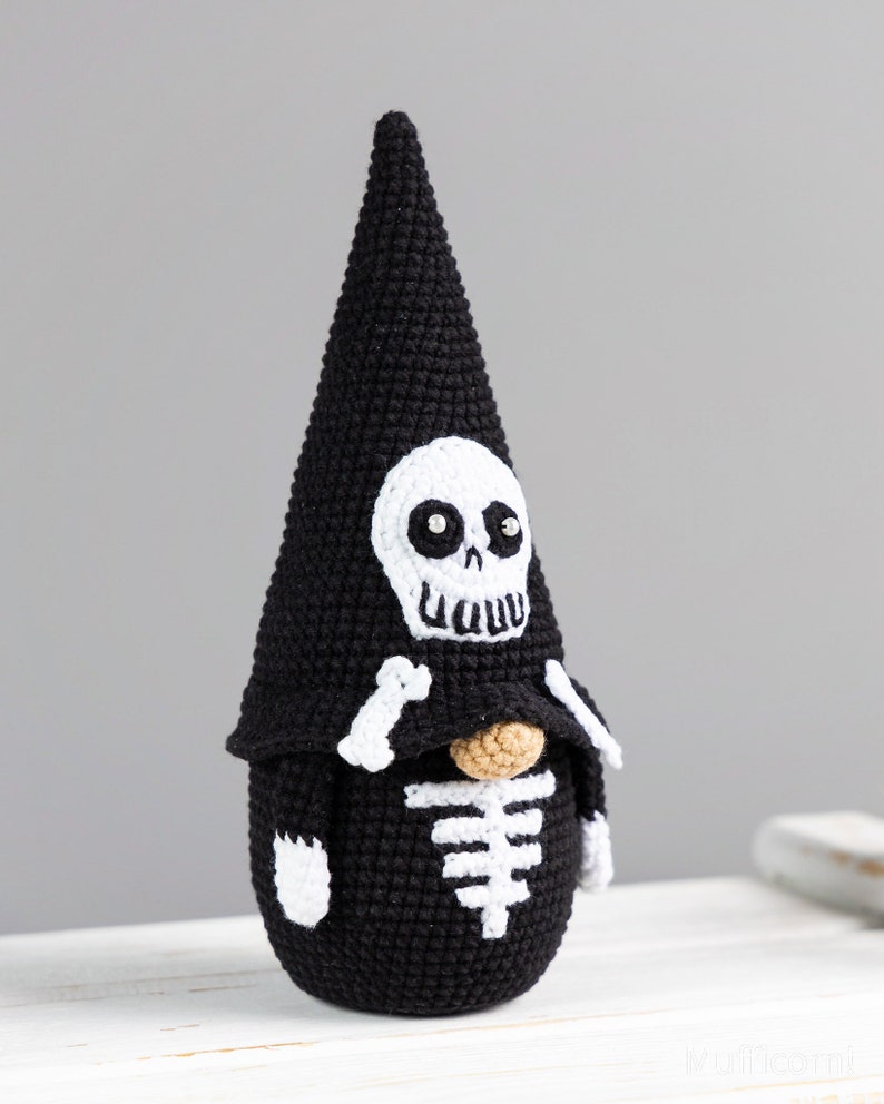 Halloween crochet patterns Gnome skeleton, Crochet Gnome with skull crochet pattern, Crochet Halloween amigurumi gnome decor image 5