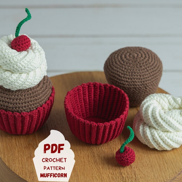 Cherry crochet cupcake pattern, Crochet food pattern, Amigurumi food pattern, Crochet play food