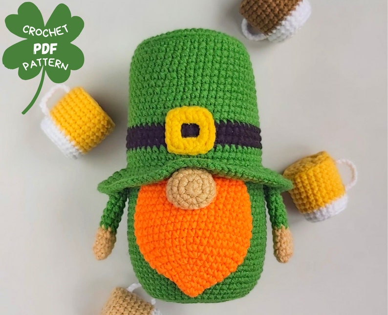 Crochet patterns Beer Leprechaun gnome, St Patricks day crochet gnomes amigurumi patterns, Fathers day crochet gift pattern image 4