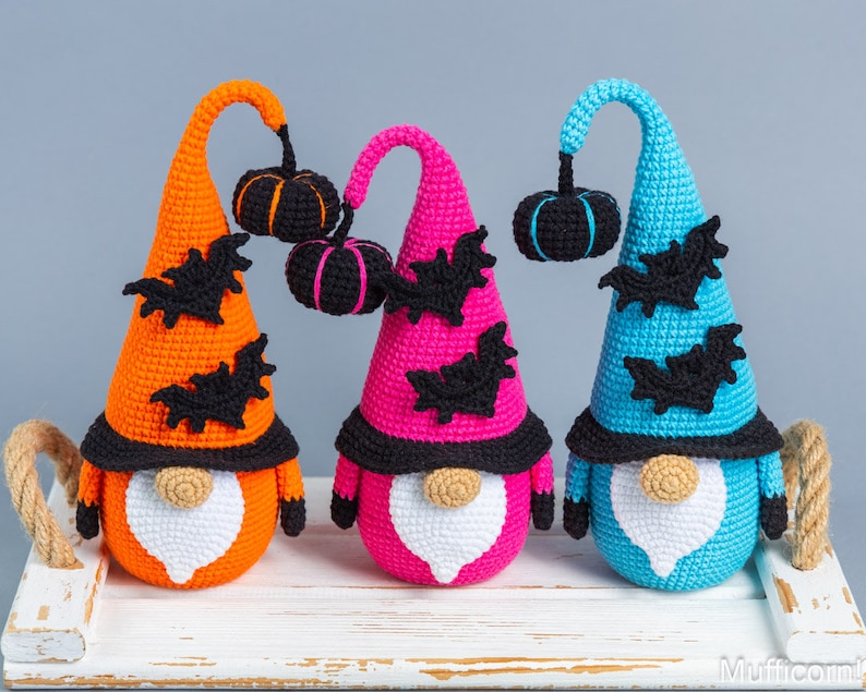 Crochet patterns Halloween gnome with bat and pumpkin, Halloween crochet gnome pattern, Crochet pumpkin pattern, Crochet bat pattern image 3