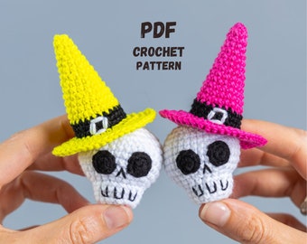 Halloween crochet pattern skull keychain and witch hat, Crochet skull pattern, Crochet Halloween amigurumi pattern, Crochet keychain pattern