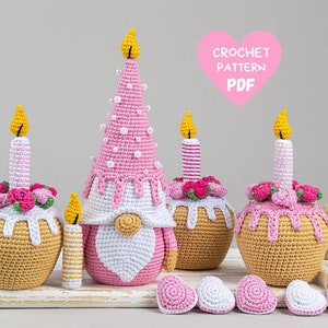 Crochet patterns Birthday gnome and cupcake, Crochet gnome amigurumi pattern, Crochet food pattern, Crochet holiday gnome gift pattern