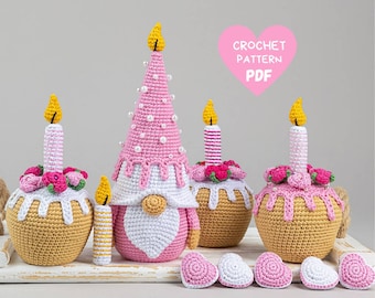 Haak patronen verjaardag kabouter en cupcake, haak kabouter amigurumi patroon, haak voedsel patroon, haak vakantie kabouter cadeau patroon