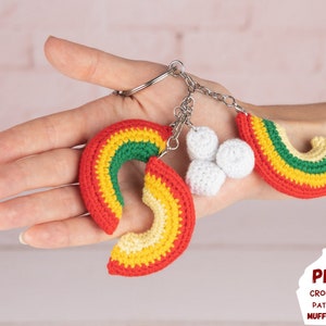 Crochet keychain pattern with rainbows, Crochet keyring pattern for summer, Amigurumi keychain pattern, Raibow decorations pdf diy
