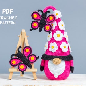 Crochet patterns Gnome with Butterfly, Crochet butterfly pattern, Gnome amigurumi pattern, Crochet gnome pattern with crochet flowers