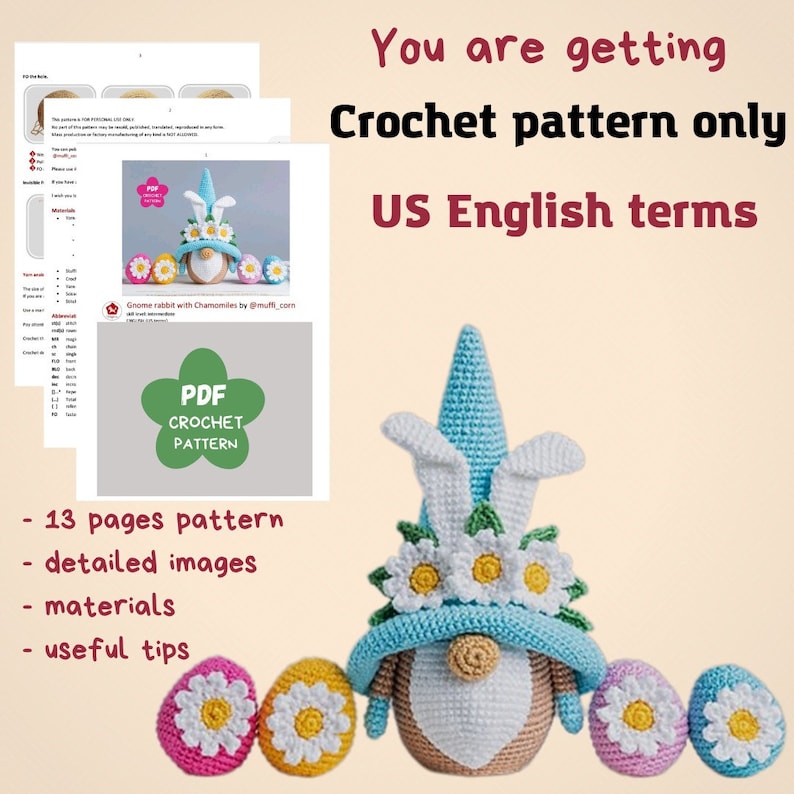 Crochet patterns Easter bunny with crochet flowers, Crochet bunny amigurumi pattern, Crochet Easter gnomes patterns, Crochet Easter gift image 2