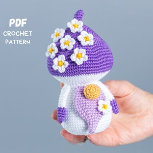 Crochet patterns Mushroom gnome, Mushroom crochet pattern with flowers, Gnome amigurumi crochet pattern for home decor, Crochet food pattern