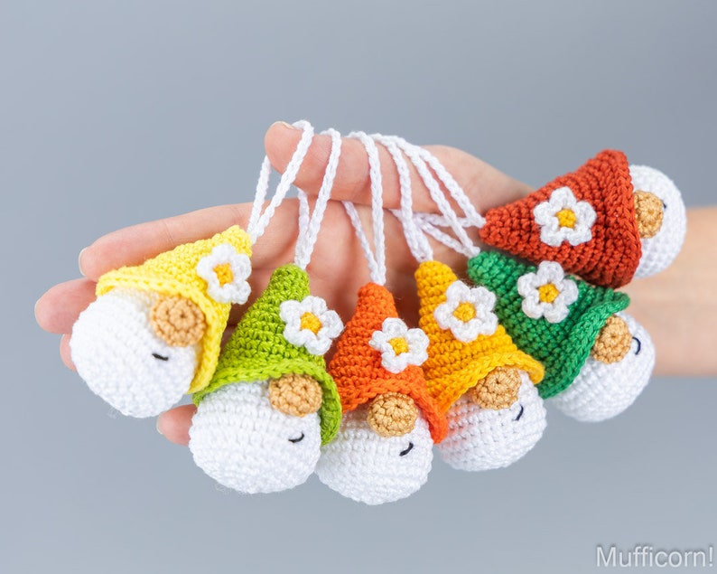 Crochet patterns amigurumi keychain gnome with crochet flower, Crochet keychain amigurumi pattern, Easter crochet pattern image 2
