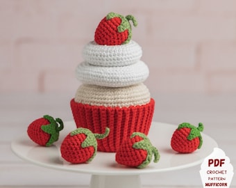 Strawberry crochet cupcake pattern for kitchen decor, Pretend food amigurumi pattern for kids with crochet strawberry, Crochet cake pattern
