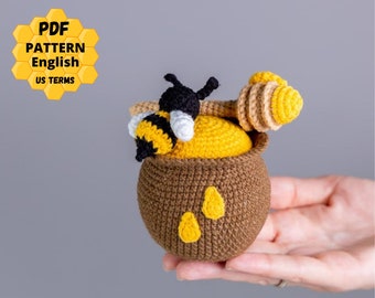 Crochet patterns: crochet Bee with honey pot, Crochet bee pattern, Bee amigurumi pattern, Crochet food pattern, Amigurumi food pattern