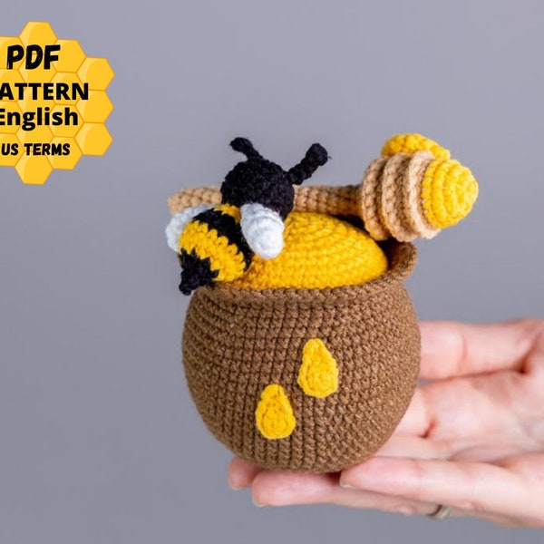 Crochet patterns: crochet Bee with honey pot, Crochet bee pattern, Bee amigurumi pattern, Crochet food pattern, Amigurumi food pattern