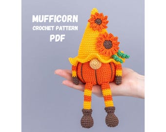 Crochet pattern Pumpkin Gnome with flowers, Mufficorn Halloween Amigurumi Pattern (PDF)